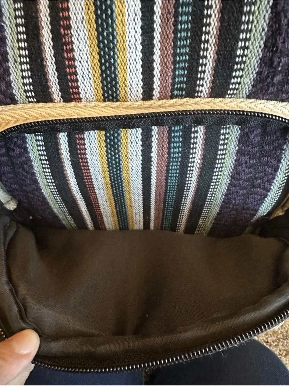 Himalayan Hemp Cream & Black Striped Canvas Backpack Made in Nepal